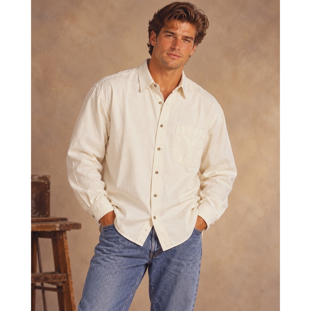 90s Faded Gear Mens Large Cream Cotton Twill Button Down Long Sleeve Shirt NEW